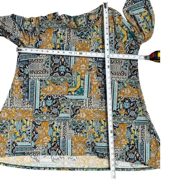 CHICOS Boho Patchwork Tunic Top With Long Sleeves Asymmetrical Hemline Size XL - Picture 4 of 4